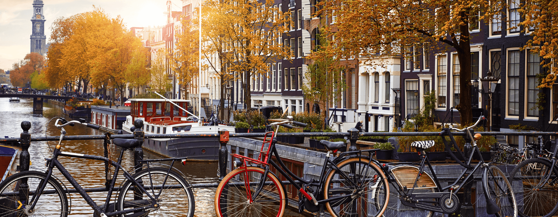 Amsterdamse gracht in de herfst met fietsen en historische huizen.